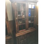 GEORGIAN STYLE STRESSED OAK DISPLAY CABINET WITH CUPBOARD UNDER, ADJUSTABLE SHELVES & BRASS