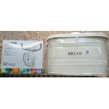 MODERN WHITE METAL BREAD BIN, SALTER KITCHEN SCALE IN BOX, MODERN SPOTTED JUG & SALT & PEPPER SET