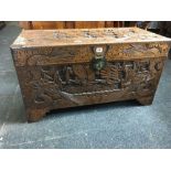 MODERN CAMPHOR WOOD CHEST WITH INSET TRAY & HEAVY BRASS LOCK & KEY & ORIENTAL JUNKS & DRAGONS TO