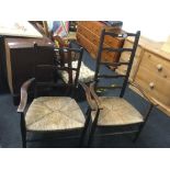 2 OAK COUNTRY LADDER BAG RUSH SEATED CARVER CHAIRS
