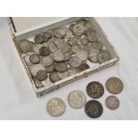 BOX OF PRE 1946 COINAGE INCL; ROCKING HORSE CROWNS & A JAPANESE 1 YEN COIN