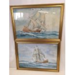 A PAIR OF WATERCOLOURS OF 3 MASTED SAILING SHIPS FLYING BOTH BRITISH AND AMERICAN FLAGS. BOTH