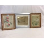 3 JAPANESE PRINTS; A PAIR OF FLOWERS WITH BUTTERFLY, THE OTHER OF 2 GIRLS SITTING BESIDE A POND [3]
