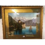 GILT FRAMED CHROMO LITHOGRAPH PRINT OF A MOUNTAIN LAKE SCENE, SOME WATER DAMAGE