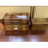 VINTAGE OAK MONEY BOX WITH HINGED LID & A WALNUT & PARQUET BOX WITH HINGED LID