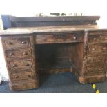 LATE VICTORIAN BURR WALNUT DESK WITH 1 LONG & 8 SHORT DRAWERS & CENTRAL FOOTREST, NEED RE-POLISHING