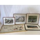 F/G & MOUNTED EMBROIDERED SILK CHINESE PICTURE OF CRANES, SIGNED BY ARTIST & 4 OTHER FRAMED PRINTS &