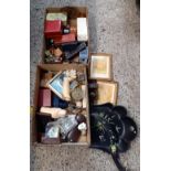 2 CARTONS OF MIXED BRIC-A-BRAC INCL; PICTURE FRAME, CRUMB SCOOP, QTY OF JEWELLERY BOXES,