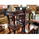 4 MATCHING INDIAN TEAK TABLES & OAK & METAL FOOT REST