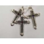 3 SILVER STONE SET CROSS PENDANTS