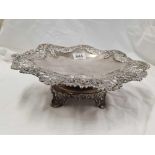 SILVER CAKE PLATE WITH PIERCED EDGE DECORATION ON STAND, STAND DAMAGED, APPROX 30oz's, MARKED ARE