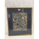 FINELY DETAILED OLD SILK WORK PANEL OF CHRYSANTHEMUMS AND OTHER DECORATIVE MOTIFS