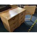 PAIR OF MODERN PINE EFFECT BEDSIDE CABINETS WITH BRASS DROP HANDLES & A SMALL FOLDING TABLE