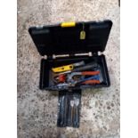 BLACK PLASTIC TOOL BOX WITH CONTENTS