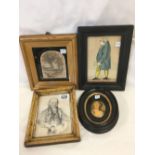 GROUP OF 4 SMALL PICTURES; A GEORGIAN HAND COLOURED CARICATURE OF A BEWIGGED GENTLEMAN, PORTRAIT