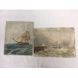 TWO 19THC MARINE WATERCOLOURS OF SAILING SHIPS IN A SWELL, ONE DATED 13TH MAY 1893