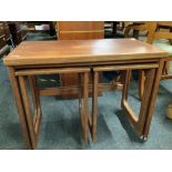 McINTOSH & CO. METAMORPHIC TEAK TABLE WITH REVOLVING TOP & NEST OF 2 UNDER, SOME MARKS