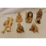 SIX SMALL CARVED FIGURES, ONE WITH REVOLVING HEAD