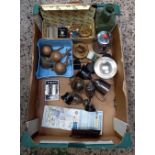 CARTON WITH MISC PLATED TROPHY CUPS, CASTORS, CLOTH BADGES,