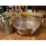 SMALL HEAVY COPPER & BRASS PRESERVING PAN & SMALL ART NOUVEAU BRASS JUG BY JS & S