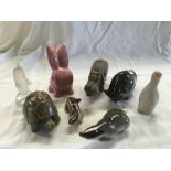 SHELF WITH PINK SYLVAC RABBIT 990, A MADE IN RUSSIA BADGER, A RUSSIAN CHIPMUNK WITH CHIPPED EAR,