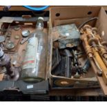 2 CARTONS OF WITH LARGE EMPTY WHISKY BOTTLE, POSTAL SCALES WITH SOME WEIGHT, GREASE GUNS,