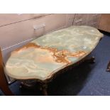 LARGE ONYX & BRASS COFFEE TABLE WITH ORNATE FEET, 4ft LONG