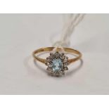 A AQUAMARINE & DIAMOND OVAL CLUSTER RING SET IN 9ct, SIZE 'K'