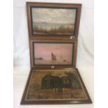 OAK FRAMED OIL PAINTING OF A MANSION & WORKERS BY HA WHITTLE, DATED 1851 & 2 OTHER MARITIME OIL
