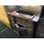 EARLY TREADLE SINGER SEWING MACHINE IN ORNATE CARVED CABINET WITH VARIOUS DRAWERS & BRASS DROP