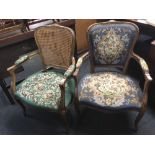 PAIR OF TAPESTRY UPHOLSTERED CARVED OAK SALON CHAIRS, 1 WITH A BERGERE BACK