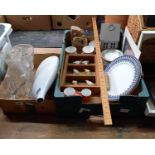 2 CARTONS OF MIXED GLASSWARE & CHINA, BIRD COLLECTION, WOODEN TRUG, WICKER BASKET,