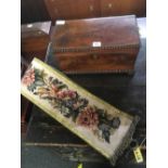 LATE VICTORIAN SARCOPHAGUS SHAPED FLAME MAHOGANY VELVET LINED BOX WITH BRASS HANDLES & AN