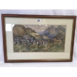 19THC WATERCOLOUR OF AN ALPINE VILLAGE, INDISTINCTLY INSCRIBED & DATED JULY 1883