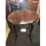 CIRCULAR SCALLOPED EDGE MAHOGANY TABLE WITH SHELF UNDER, 26'' WIDE