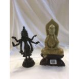 SIX ARMED BRONZE HINDU GOD & A SOAP STONE BUDDHA