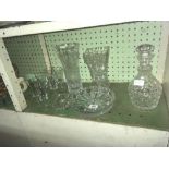 6 SHERRY SCHOONERS, CUT GLASS DECANTER, 2 GLASS VASES & NIBBLES DISH