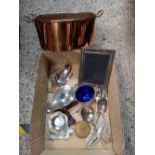 OVAL 2 HANDLED COPPER PAN, PLATED GRAVY DISHES,