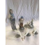 SHELF WITH 4 LLADRO FIGURES OF GEESE OR SWANS, LLADRO GIRL FIGURE & A UNKNOWN KING FISHER ON TREE