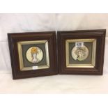 PAIR OF WATERCOLOUR MINIATURES OF LADIES, CIRCULAR, IN SQUARE HARDWOOD FRAMES AND GILT FRAMES,