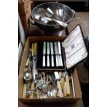 CARTON WITH MISC KNIVES, FORKS, SPOONS, BOXED SET OF BUTTER KNIVES WITH M.O.