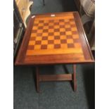 VINTAGE FOLDING MAHOGANY TEA TRAY WITH CHESS BOARD INSERT