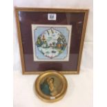 FRAMED NEEDLEWORK PANEL OF AN ORIENTAL SCENE TOGETHER WITH CIRCULAR MINIATURE PORTRAIT OF MOTHER AND