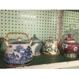 2 HAND PAINTED CHINESE TEAPOTS & 2 SMALL LIDDED GINGER JARS