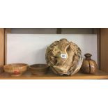 SHELF WITH 2 TREEN WOOD TURNED BOWLS, A BURR WOOD TURNED PAPERWEIGHT & A FABRICATED TURNED ROOT