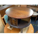 CIRCULAR 2 TIER CARVED OAK COFFEE TABLE WITH BOOKSHELF UNDER