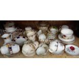 SHELF WITH PART SETS OF TEAPOTS, SAUCERS & PLATES BY ROYAL STAFFORD, ROYAL VALE & WOOD & SONS