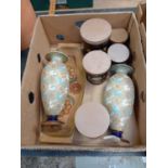 2 CARTONS OF MIXED GLASS INCL; 5 PIECE DENBY KITCHEN SET, TEA, COFFEE, SUGAR ETC.