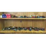 2 SHELVES OF VINTAGE PLAY WORN CARS & 8 VARIOUS CARS IN BOXES