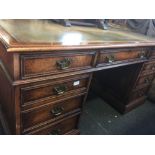 OAK TWIN PEDESTAL DESK WITH 1 LONG & 8 SHORT DRAWERS & INSET TOOLED LEATHER TOP, 60'' WIDE X 30''